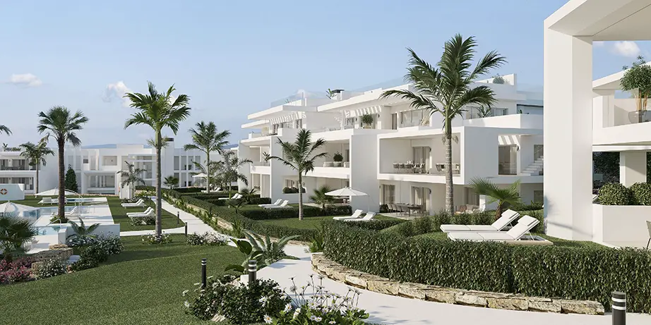 vista-exterior-piscina-implantacion-pisos-obra-nueva-venta-casares-costa-del-sol-blanca-real-real-estate-inmobiliaria
