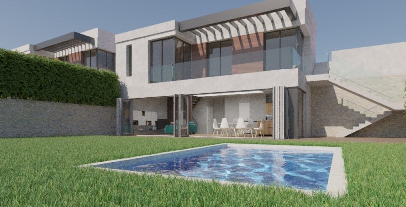 Vista de la fachada interior y piscina de una de las villas en venta en Fuengirola