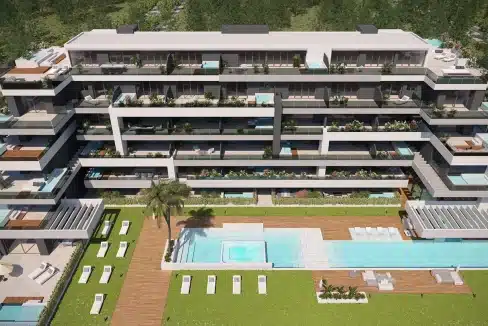 Vista aérea frontal de Almitak, primera fase de Orion Collection, promoción pisos obra nueva Fuengirola