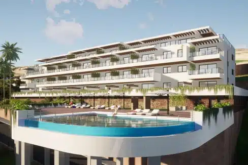 Facade and interior view, as well as the infinity pool, in apartments for sale in Mijas.