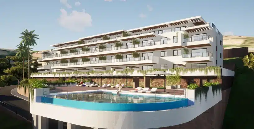 Facade and interior view, as well as the infinity pool, in apartments for sale in Mijas.